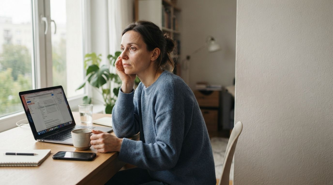 Лечение тревожно-депрессивного расстройства (ТДР) Женщина задумалась за ноутбуком